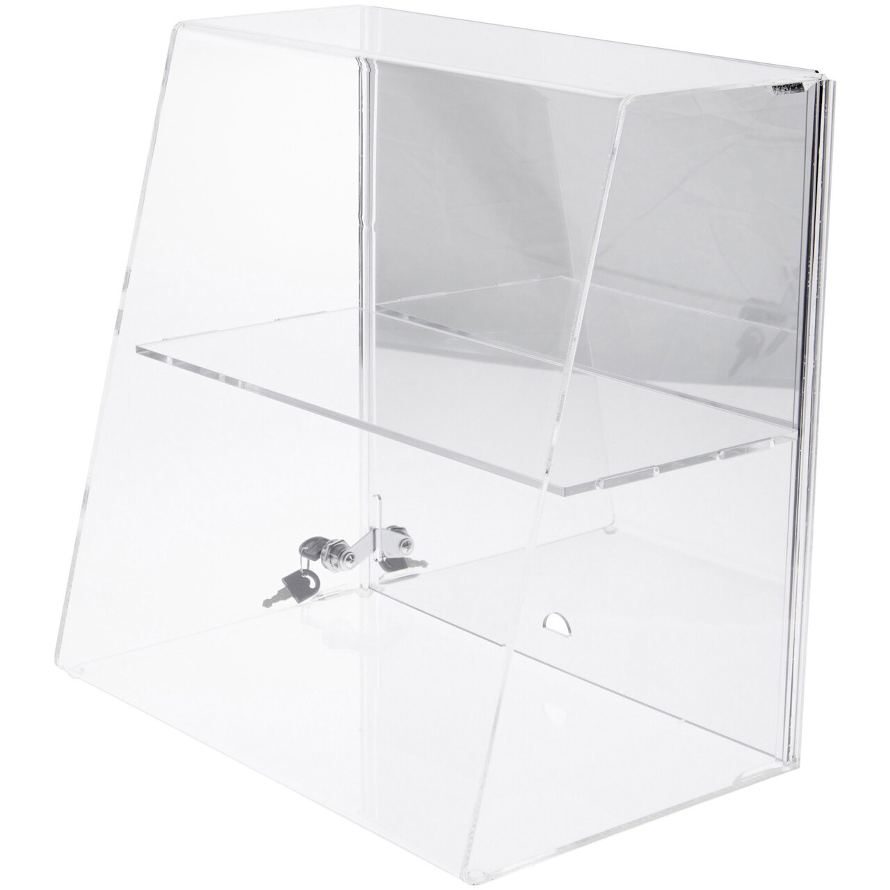 Plymor Clear Acrylic Locking Display Case with Slanted Front and Sliding Back, 1 Flat Shelf (Mirrored)